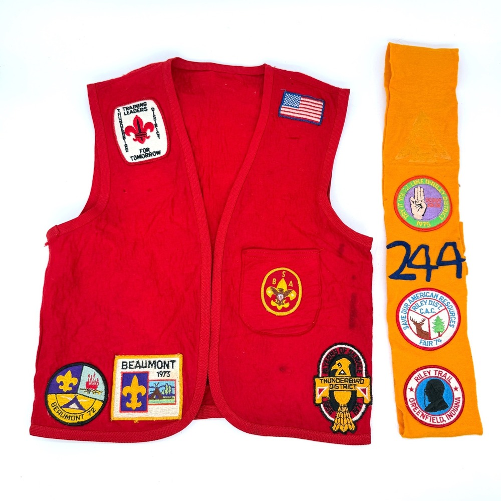 Vintage Boy Scouts BSA Red Felt Patch Vest and Yellow Sash Set 1970s Beaumont
